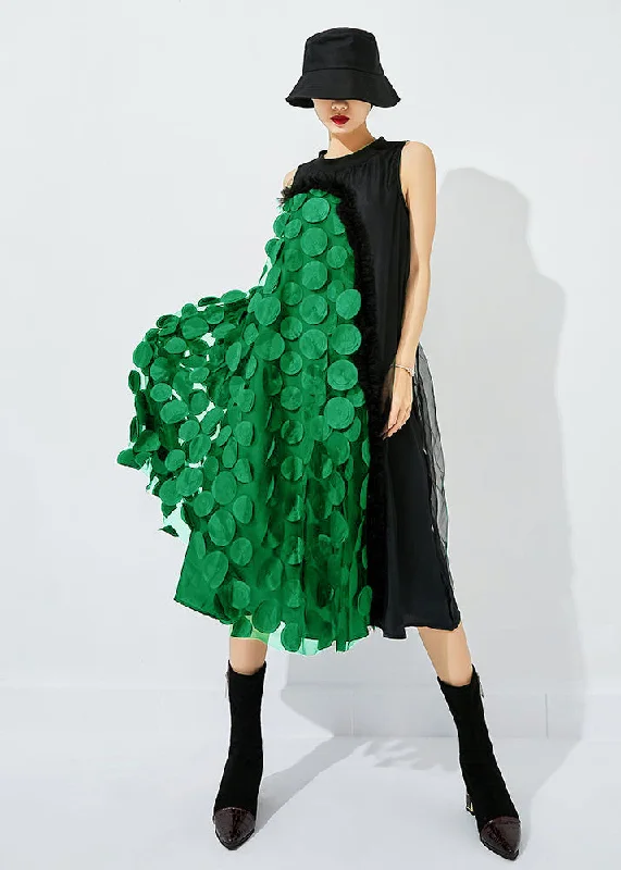 Bohemian Black-Green Dot Asymmetrical Patchwork Wrinkled Tulle Maxi Dress Sleeveless Stylish Button-Up Maxi Dress