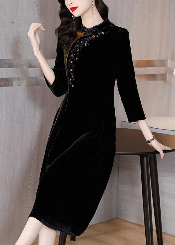 Bohemian Black Print Embroideried Tassel Silk Velour Maxi Dresses Fall Chic Button-Up Maxi Dress