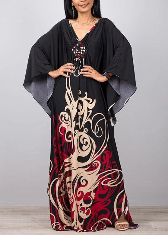 Bohemian Black V Neck Print Holiday Maxi Dress Long Sleeve Cozy Open-Back Maxi Dress