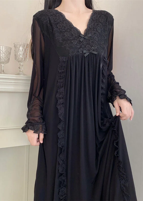 Bohemian Black Wrinkled Ruffled Lace Patchwork Tulle Vacation Maxi Dresses Long Sleeve Elegant Maxi Dress with Pockets