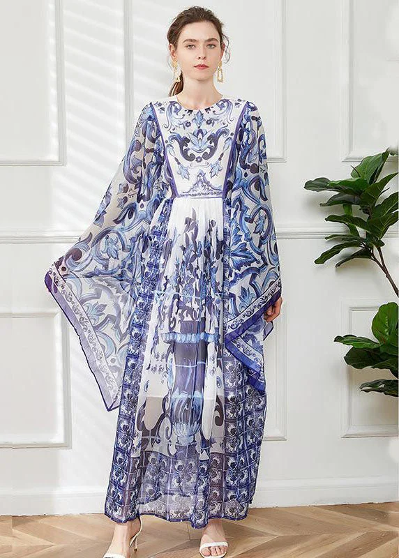 Bohemian Blue O-Neck Print Chiffon Maxi Dress Cloak Sleeves Comfortable T-Shirt Maxi Dress