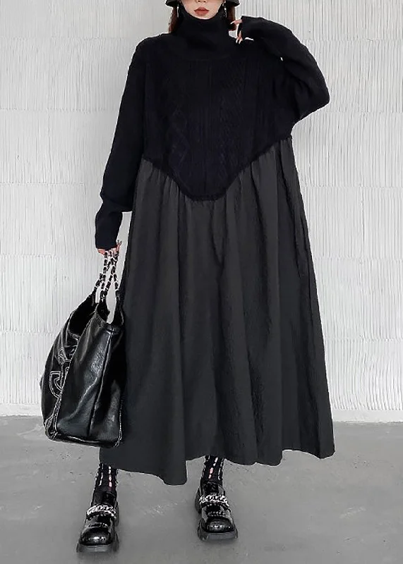 Boutique Black Turtleneck Patchwork Wrinkled Knit Maxi Dresses Winter Elegant Maxi Dress with Belt