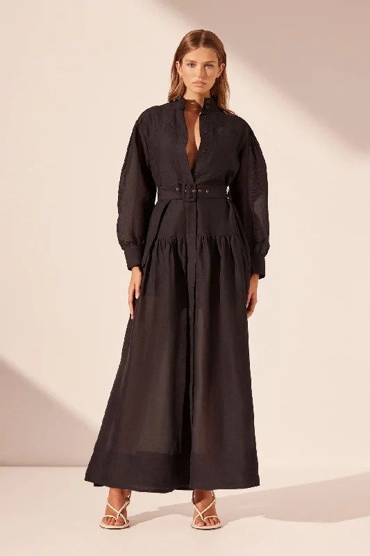 CELESTE LONG SLEEVE TIERED SHIRT MAXI DRESS - BLACK Elegant Maxi Dress with Ruffles