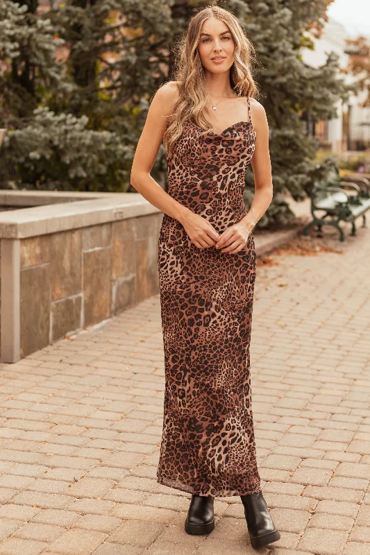 Cognac Leopard Print Sleeveless Maxi Dress Stylish Empire Waist Maxi Dress