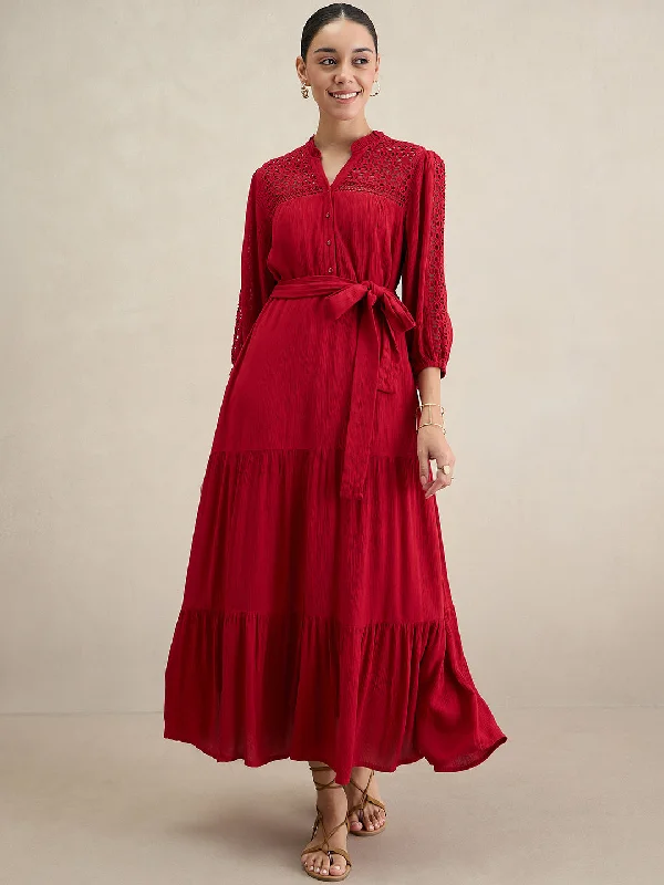 Cranberry Schiffli Tiered Maxi Dress Comfortable Ruffle Maxi Dress