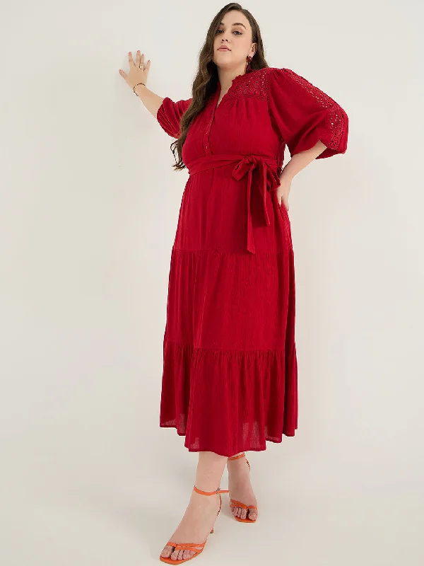 Cranberry Schiffli Tiered Maxi Dress Trendy Fit-and-Flare Maxi Dress