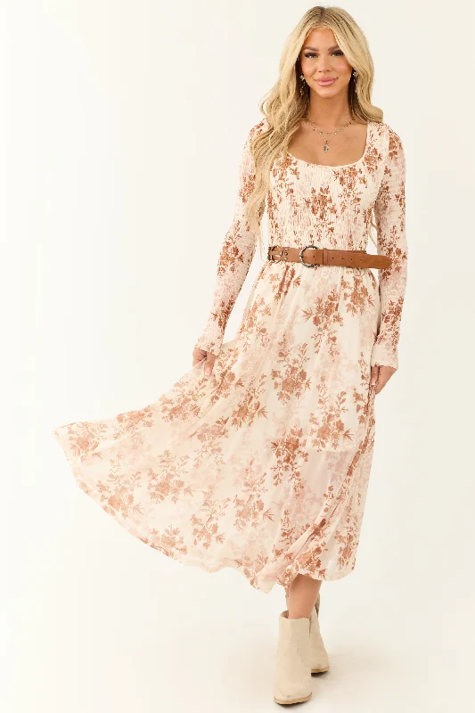 Cream Floral Print Smocked Scoop Maxi Dress Trendy Satin Maxi Dress