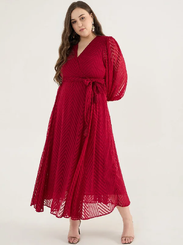 Deep Red Chevron Dobby Wrap Maxi Dress Cozy Cold-Shoulder Maxi Dress