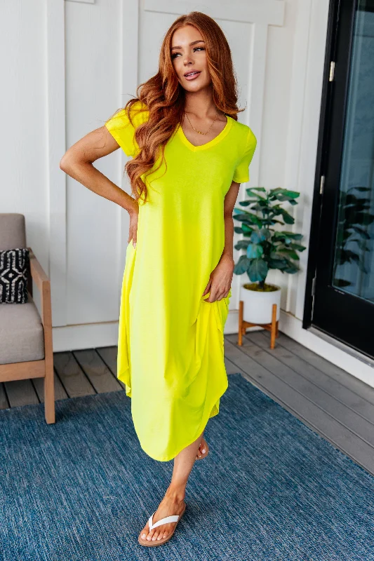 Dolman Sleeve Maxi Dress in Neon Yellow Comfortable Maxi Dress with Belt