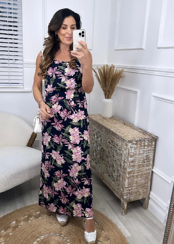 Doris Navy Floral Print Maxi Dress Elegant Boho Maxi Dress