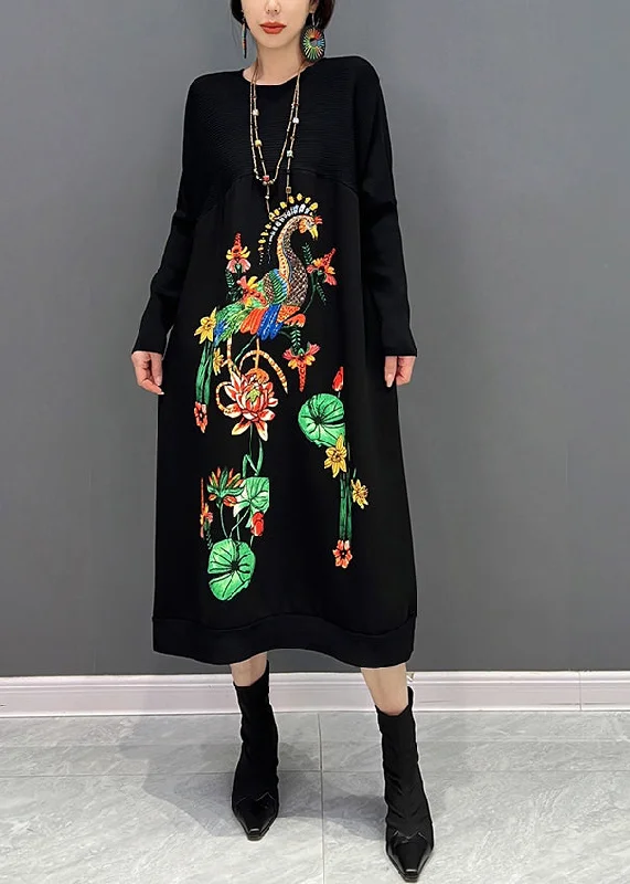 Elegant Black O-Neck Embroideried Knit Maxi Dress Fall Comfortable Ruffle Maxi Dress