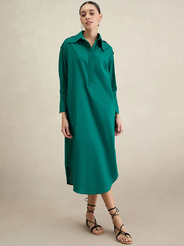 Emerald Green Cotton Shirt Maxi Dress Trendy Maxi Dress with Bow