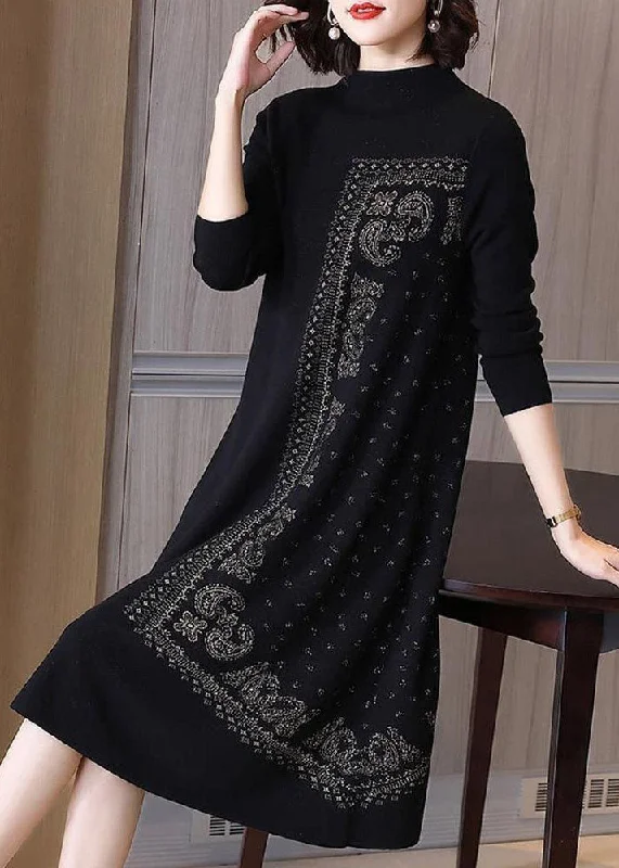 French Black High Neck Jacquard Wool Maxi Dresses Spring Comfortable Plunging Neckline Maxi Dress