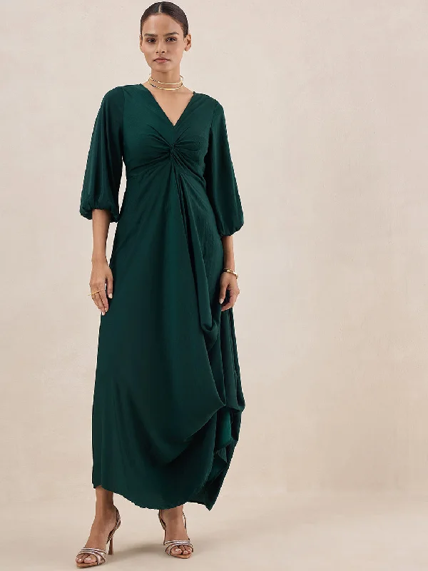 Green Satin Front Twisted Maxi Dress Comfortable Long-Sleeve Maxi Dress