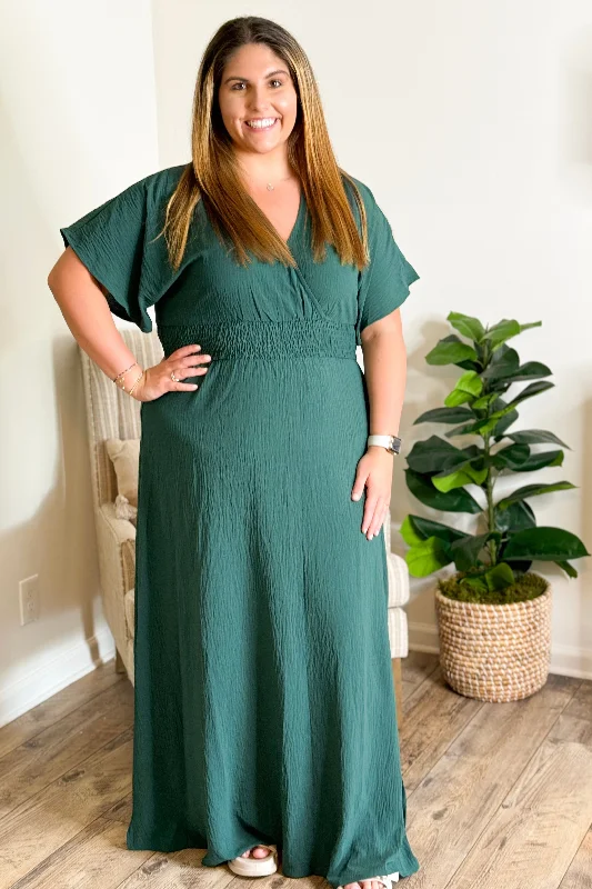 Hunter Green Smocked Waist Maxi Dress Comfortable Satin Maxi Dress