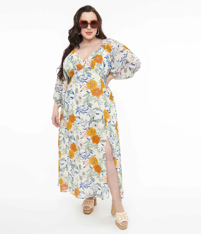 Ivory & Multicolor Floral Maxi Dress Stylish Off-Shoulder Maxi Dress