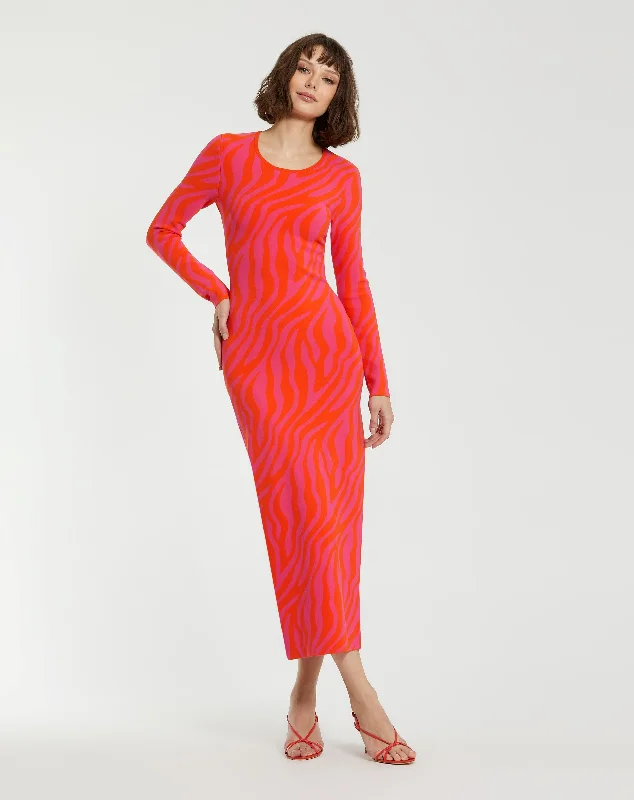 Fitted Long Sleeve Zebra Print Knit Maxi Dress - FINAL SALE Fashionable Chiffon Maxi Dress