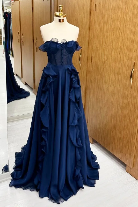 Navy Blue Corset Ruffle Maxi Dress Fashionable High-Waist Maxi Dress