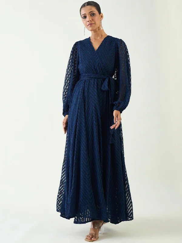 Navy Chevron Dobby Wrap Maxi Dress Fashionable Layered Maxi Dress