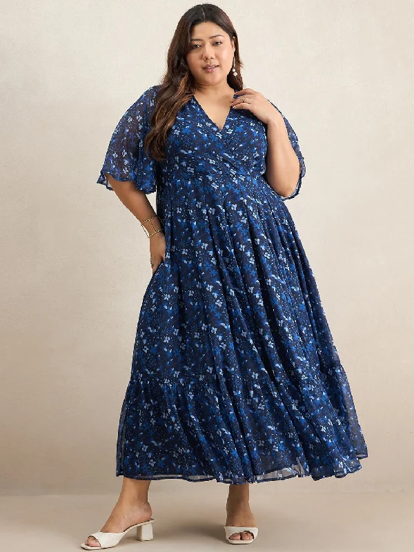 Navy Floral Print Tiered Maxi Dress Stylish Maxi Dress with Frills