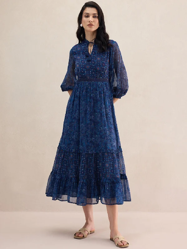 Navy Paisley Printed Tiered Maxi Dress Cozy Ribbed Maxi Dress