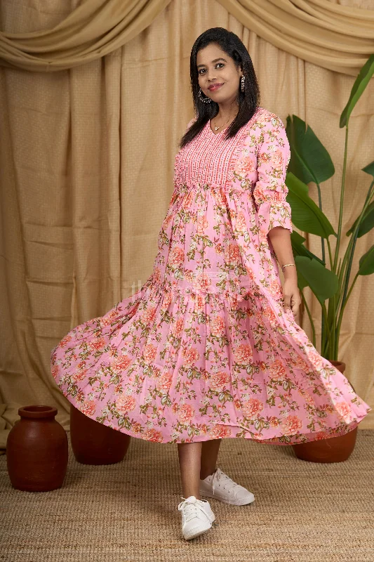 Pink Striped Cotton Maxi Dress with Floral Inner Lining and Ruffled Sleeves Trendy Maxi Dress with Bow