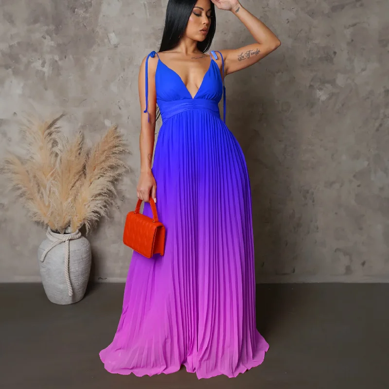 NiDELL D403 Amazon EBay Cross-Border Summer Sling Backless Sexy Lace-up Gradient Color Maxi Dress Foreign Trade Dress Elegant Maxi Dress with Ruffles