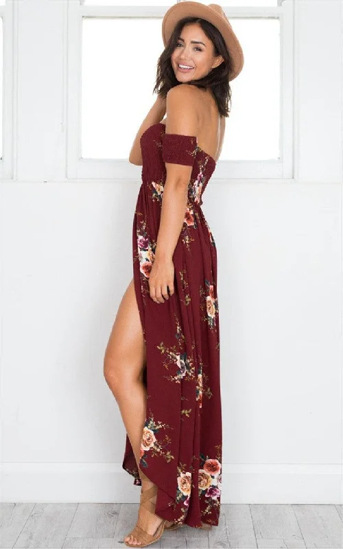 OFF-THE-SHOULDER FLORAL HIGH SLIT MAXI DRESS Stylish One-Shoulder Maxi Dress