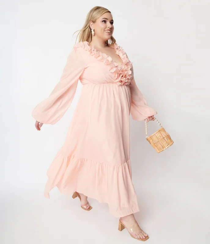 Peach Ruffled Maxi Dress Fashionable Sleeveless Maxi Dress