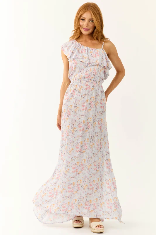 Periwinkle Floral One Shoulder Maxi Dress Elegant Wraparound Maxi Dress