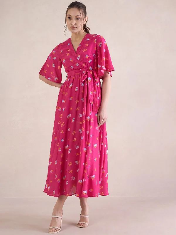 Pink Floral Chanderi Wrap Maxi Dresss Trendy Off-Shoulder Ruffle Maxi Dress