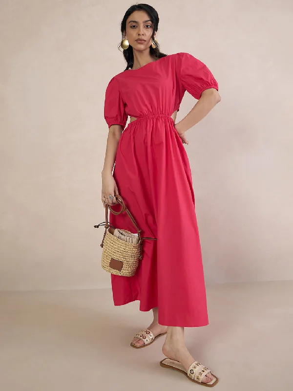 Pink Poplin Cut Out Maxi Dress Fashionable Asymmetrical Maxi Dress