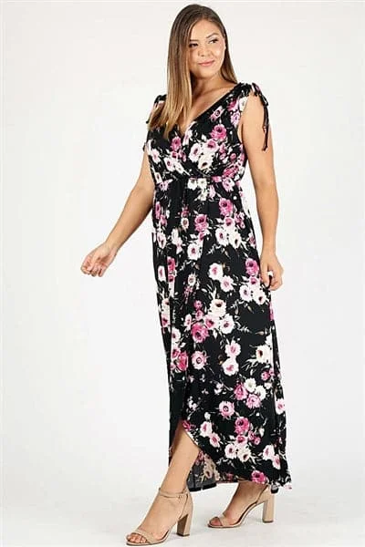 Plus Size Faux Wrap Floral Print Maxi Dress Black Mauve - Pack of 6 Fashionable Faux Wrap Maxi Dress