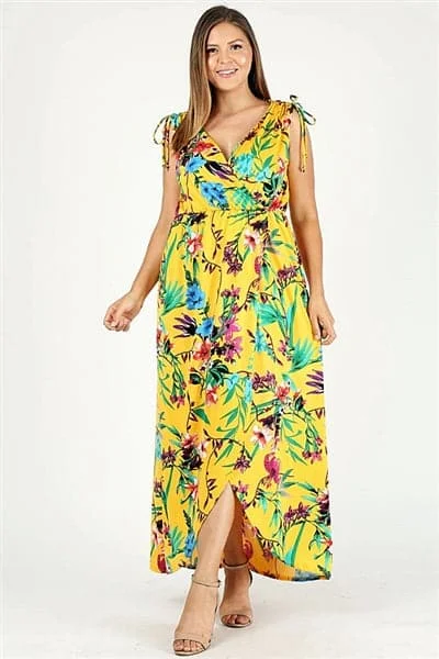 Plus Size Faux Wrap Floral Print Maxi Dress Mustard Royal - Pack of 6 Comfortable Maxi Dress with Slits