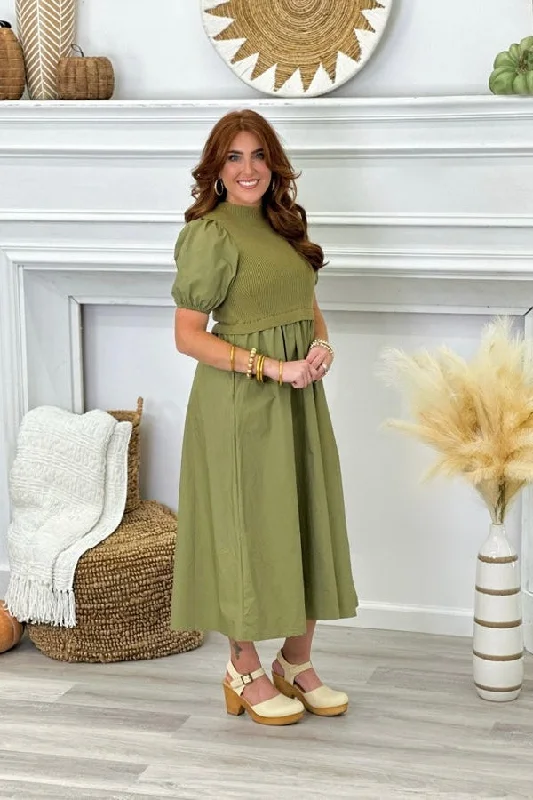 Olive Knit Bodice Maxi Dress Trendy Off-Shoulder Ruffle Maxi Dress