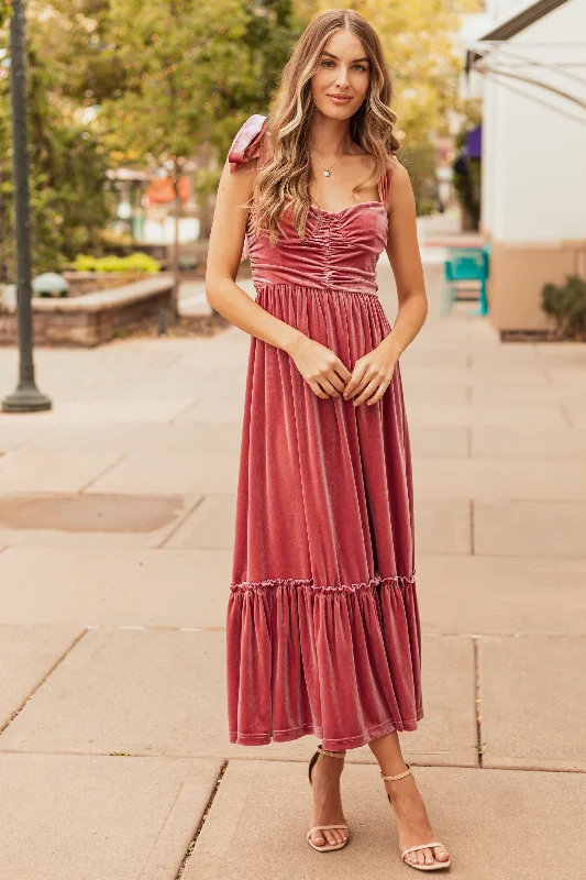 Punch Velvet Tie Straps Ruched Maxi Dress Trendy Fit-and-Flare Maxi Dress