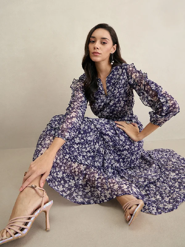 Purple Floral Print Ruflle Detailed Maxi Dress Chic Boho Print Maxi Dress