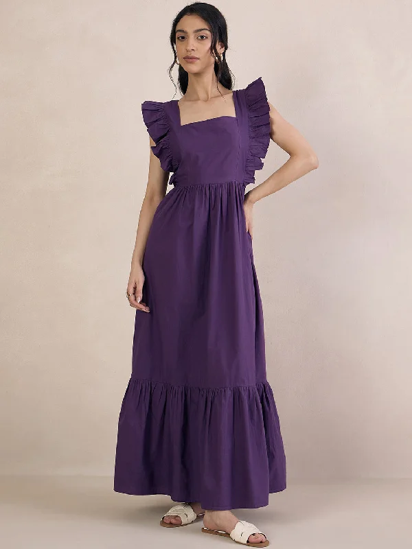 Purple Poplin Back Tie-Up Maxi Dress Trendy V-Neck Maxi Dress