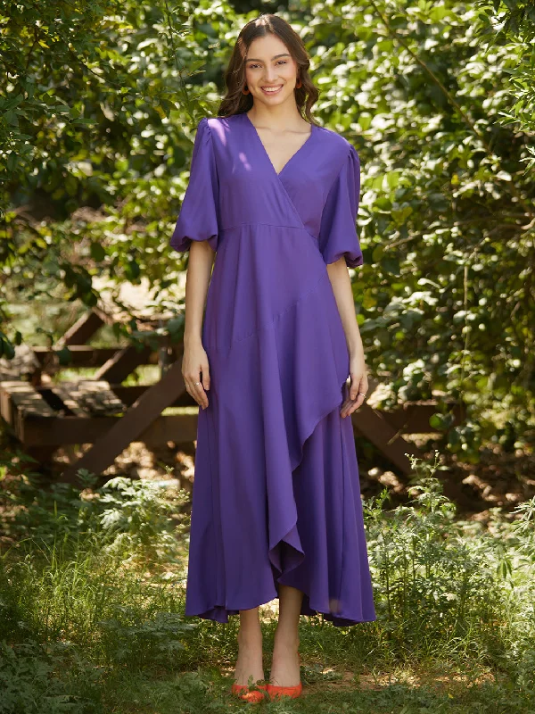 Purple Wrap Ruffle Maxi Dress Comfortable Casual Maxi Dress