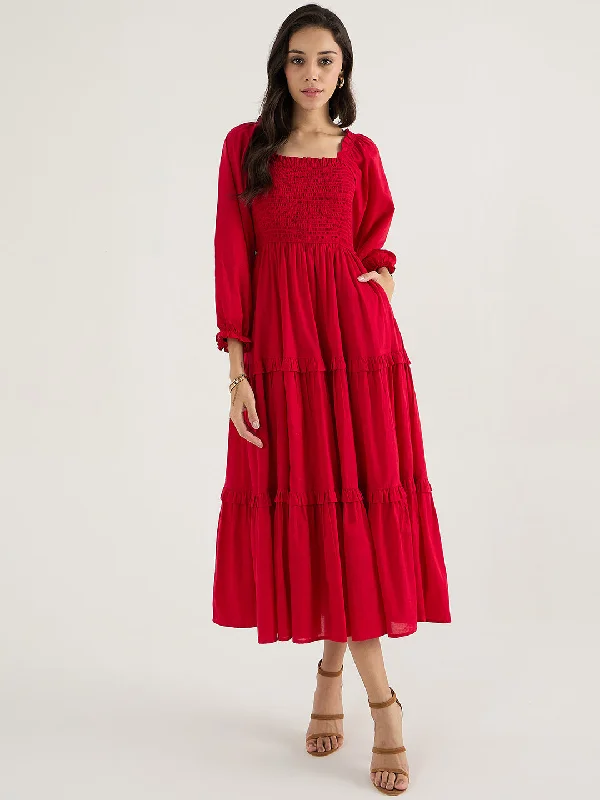 Red Cotton Smocked Maxi Dress Classic Strapless Maxi Dress