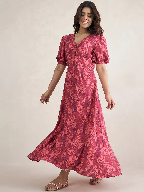 Red Floral Print Button Down Maxi Dress Comfortable T-Shirt Maxi Dress