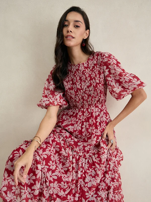 Red Floral Print Smocked Maxi Dress Cozy Longline Maxi Dress