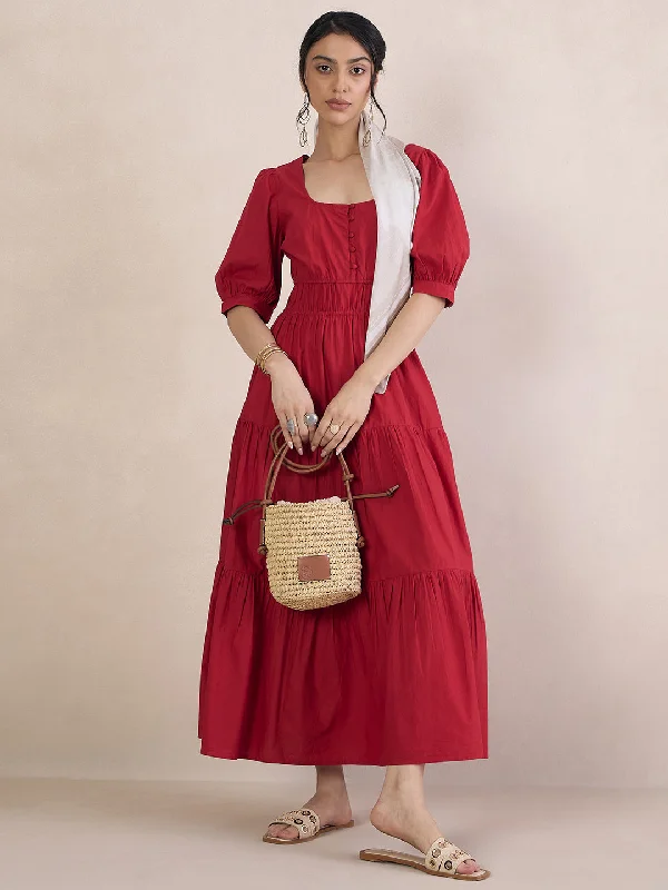 Red Poplin Smocked Maxi Dress Chic Summer Floral Maxi Dress