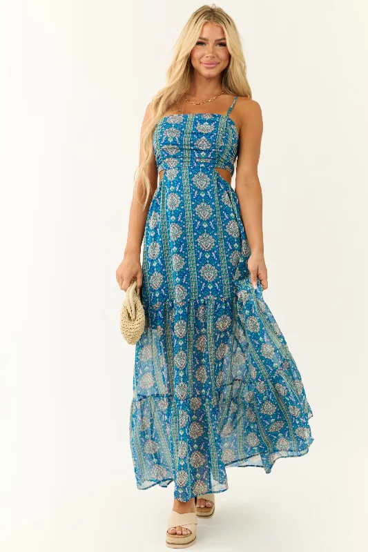 Royal Blue Floral Print Open Back Maxi Dress Stylish Longline Maxi Dress