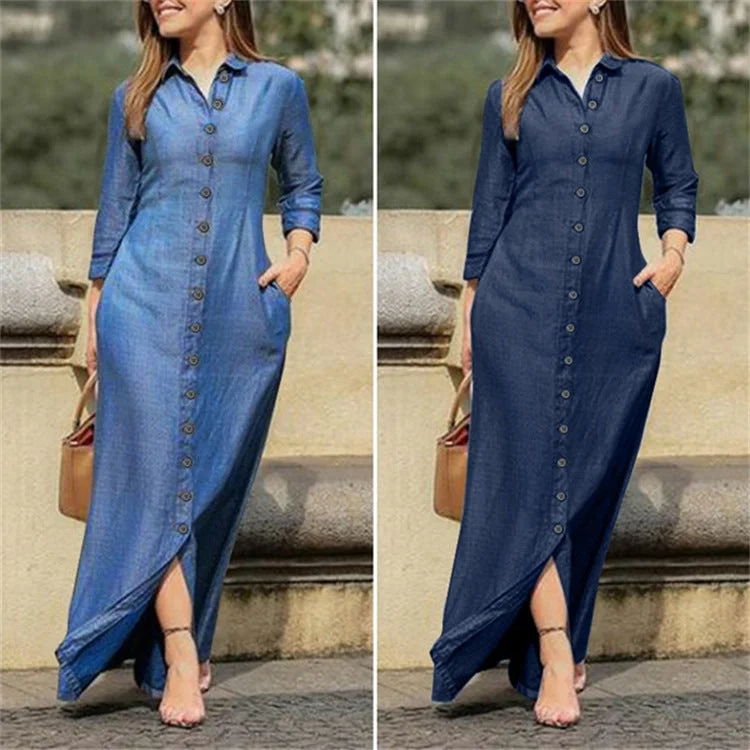 Shirt Collar Denim Button Maxi Dress Fashion + Fashionable Open-Back Maxi Dress