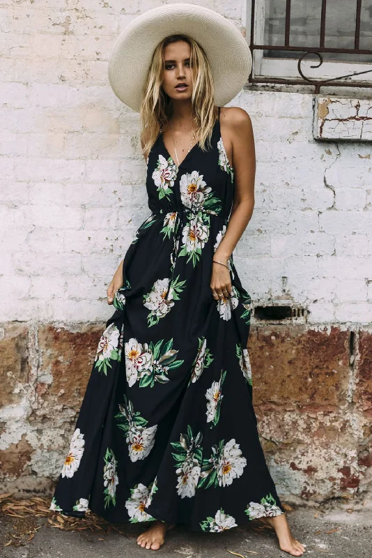 The Floral Touch Plunging Neck Maxi Dress Fashionable Chiffon Tiered Maxi Dress