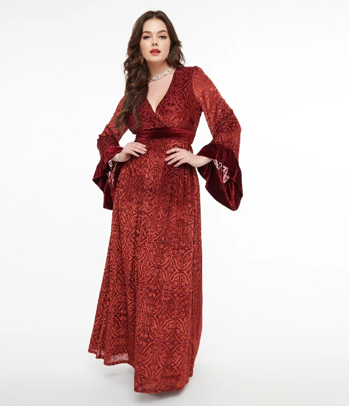 Unique Vintage 1970s Burgundy Velvet Burnout Maxi Dress Trendy Maxi Dress with Straps