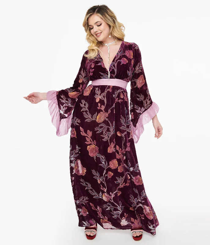 Unique Vintage 1970s Purple Floral Burnout Velvet Maxi Dress Comfortable Ruffle Maxi Dress