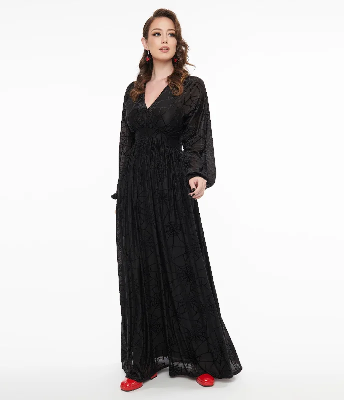 Unique Vintage 1970s Black Spiderweb Maxi Dress Comfortable Fitted Maxi Dress