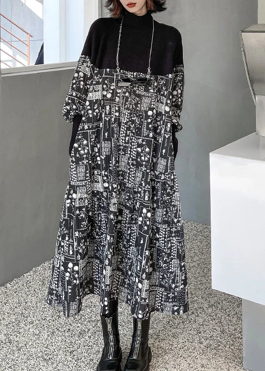 Vogue Black Stand Collar Knit Patchwork Print Maxi Dresses Winter Chic Boho Print Maxi Dress